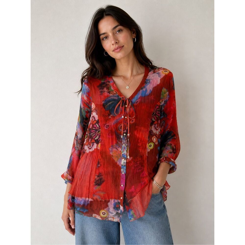 Sabatier Sheer Floral Blouse Boho Red Multicolor Button Front Tie Italy Sz L